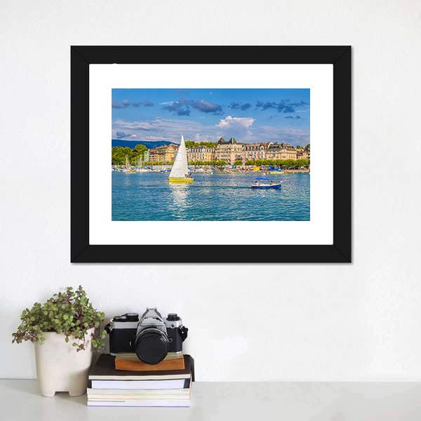 Lake Geneva Harbor In Switzerland Panoramic Canvas Wall Art-1 Piece-36" x 12"-Tiaracle