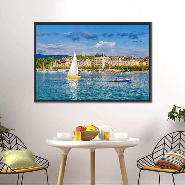 Lake Geneva Harbor In Switzerland Panoramic Canvas Wall Art-1 Piece-36" x 12"-Tiaracle