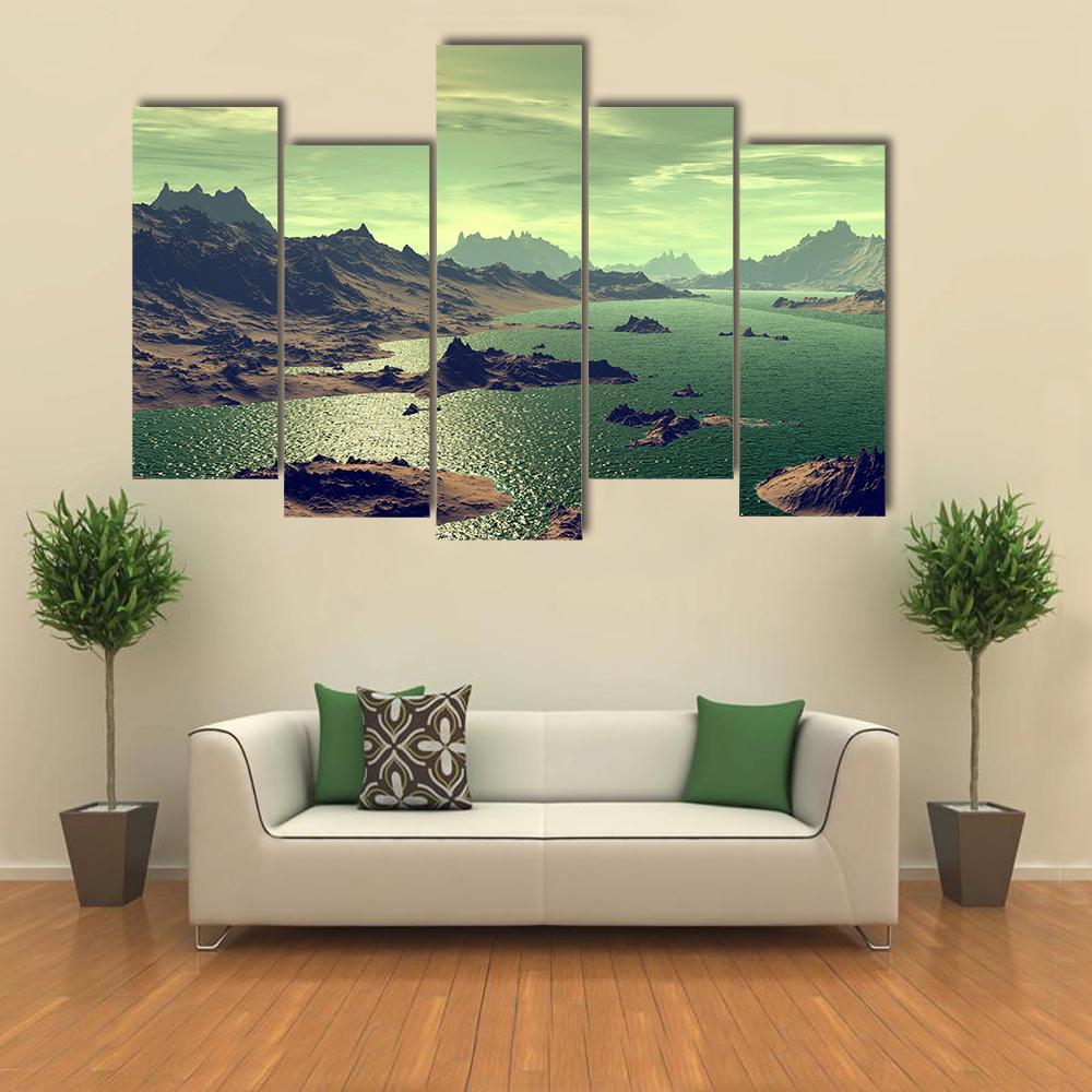 Lake In Alien Planet Canvas Wall Art-5 Pop-Gallery Wrap-47" x 32"-Tiaracle