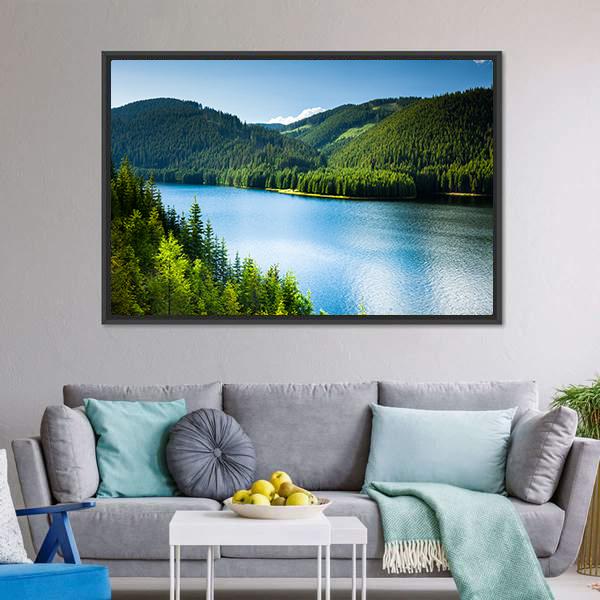 Lake In Pine Forest Canvas Wall Art-5 Horizontal-Gallery Wrap-22" x 12"-Tiaracle