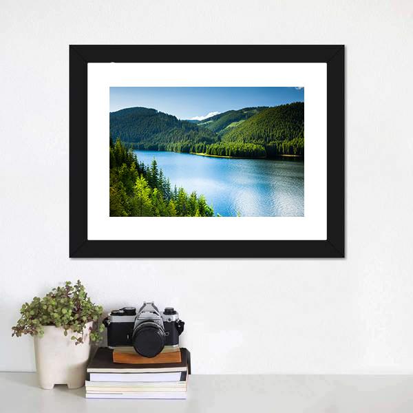 Lake In Pine Forest Canvas Wall Art-1 Piece-Framed Print-20" x 16"-Tiaracle