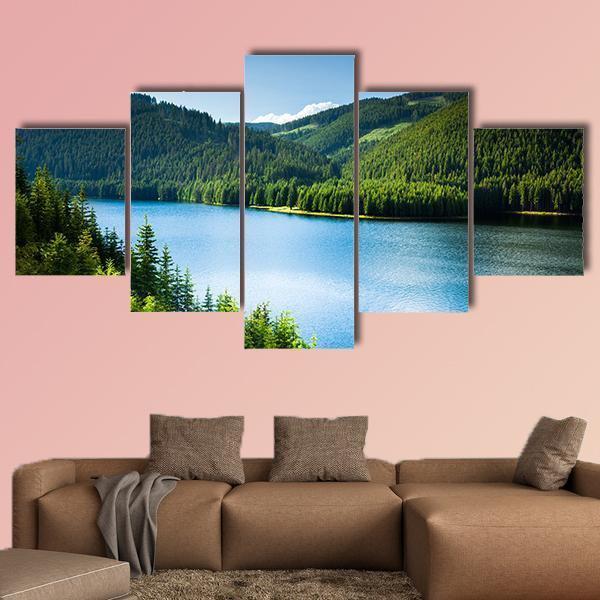 Lake In Pine Forest Canvas Wall Art-5 Star-Gallery Wrap-62" x 32"-Tiaracle