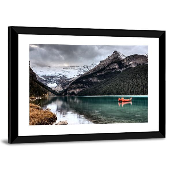 Lake Louise Glacier Canoe Canvas Wall Art-3 Horizontal-Gallery Wrap-25" x 16"-Tiaracle