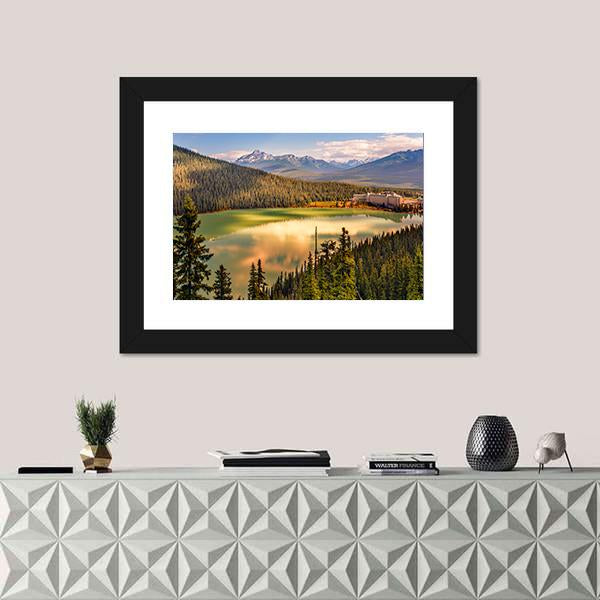 Lake Louise Under Mountains Canvas Wall Art-1 Piece-Framed Print-20" x 16"-Tiaracle