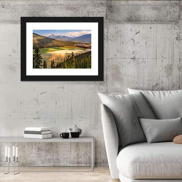 Lake Louise Under Mountains Canvas Wall Art-5 Horizontal-Gallery Wrap-22" x 12"-Tiaracle