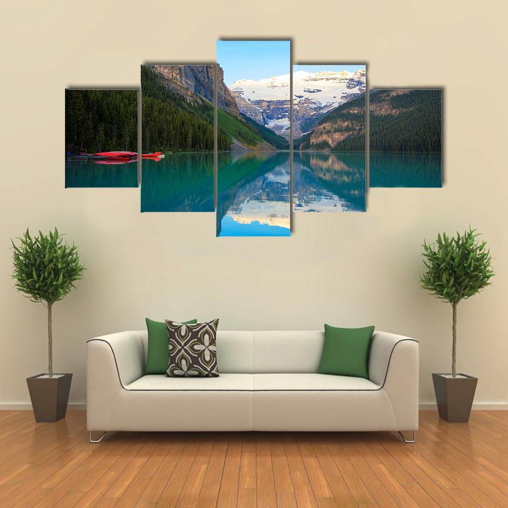 Lake Louise With Red Canoe Canvas Wall Art-5 Star-Gallery Wrap-62" x 32"-Tiaracle