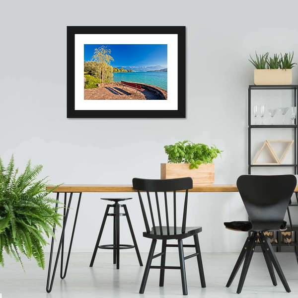 Lake Lucerne Bench Canvas Wall Art-3 Horizontal-Gallery Wrap-25" x 16"-Tiaracle