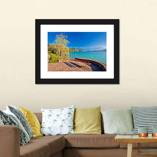 Lake Lucerne Bench Canvas Wall Art-3 Horizontal-Gallery Wrap-25" x 16"-Tiaracle