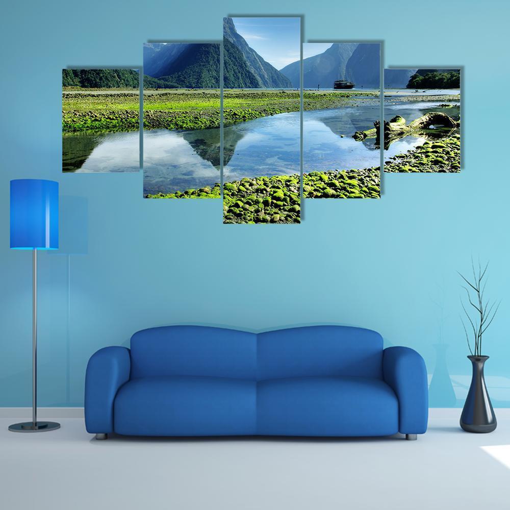 Lake & Mitre Peak Canvas Wall Art-5 Star-Gallery Wrap-62" x 32"-Tiaracle