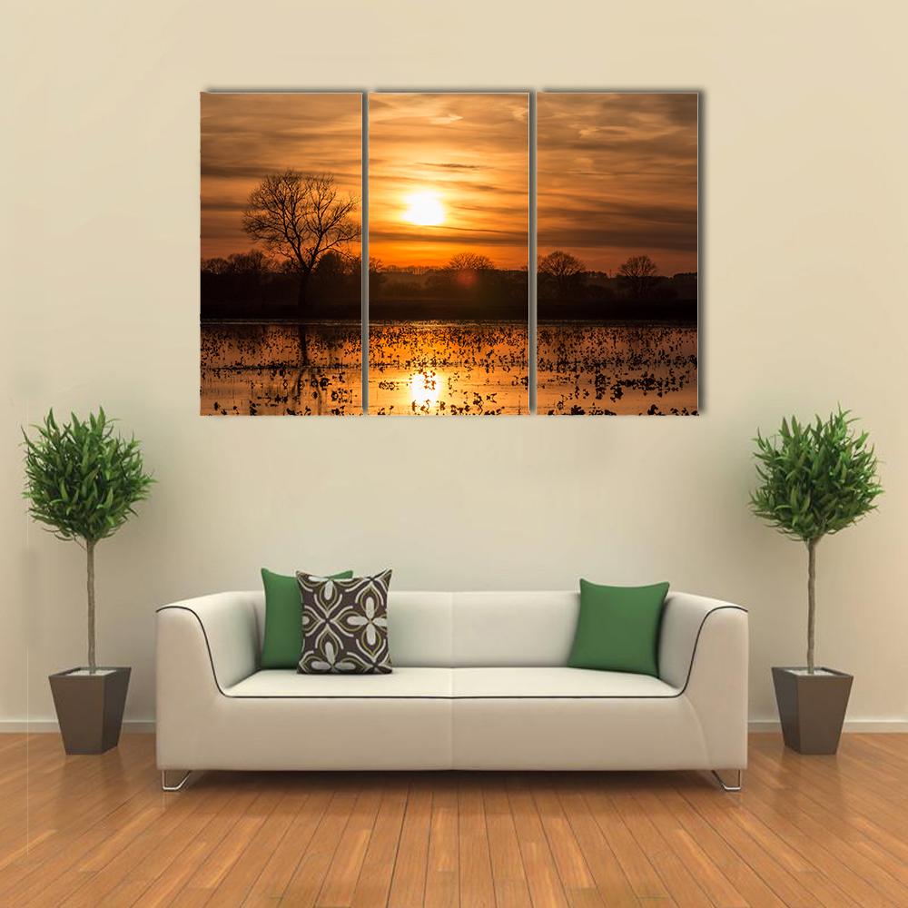 Lake Near Forest At Sunset Canvas Wall Art-3 Horizontal-Gallery Wrap-25" x 16"-Tiaracle