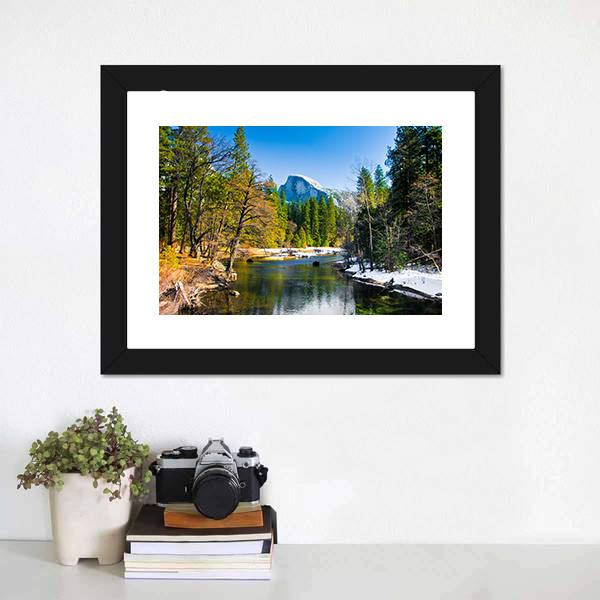 Lake Near Half Dome Rock Canvas Wall Art-1 Piece-Framed Print-20" x 16"-Tiaracle