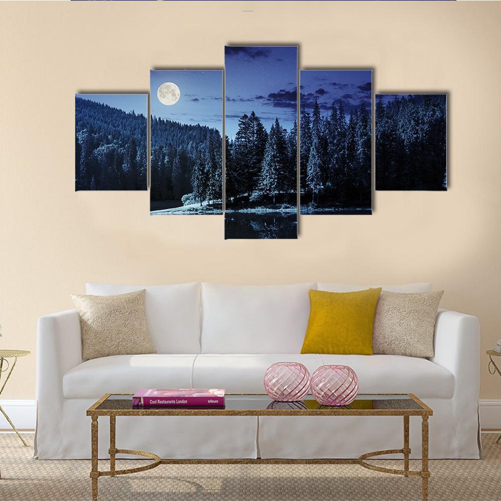 Lake Near Pine Forest Canvas Wall Art-5 Star-Gallery Wrap-62" x 32"-Tiaracle