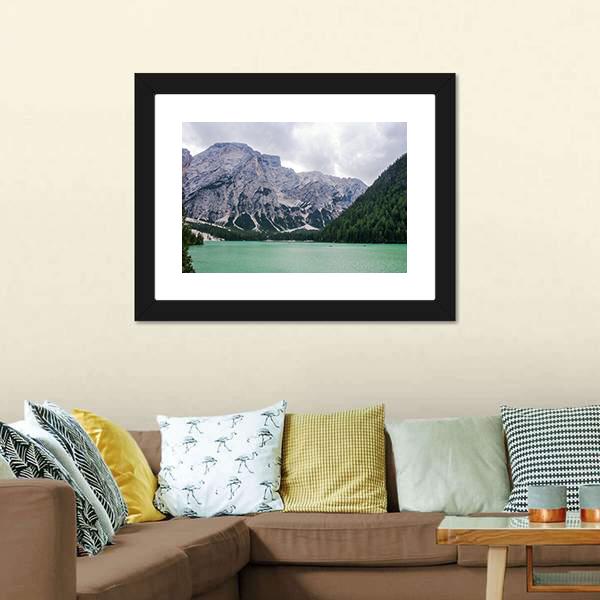 Lake Of Braies Canvas Wall Art-1 Piece-Framed Print-20" x 16"-Tiaracle