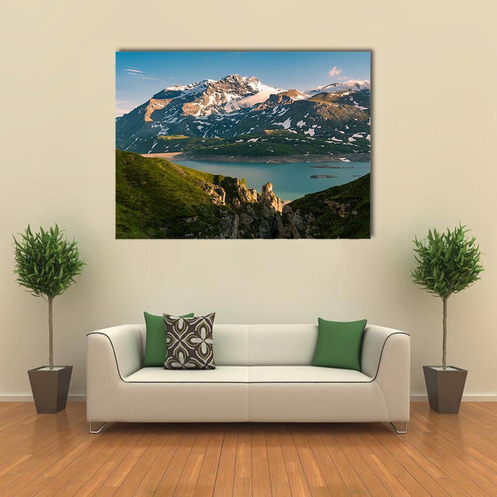 Lake & Snowcapped Mountain Canvas Wall Art-1 Piece-Gallery Wrap-48" x 32"-Tiaracle