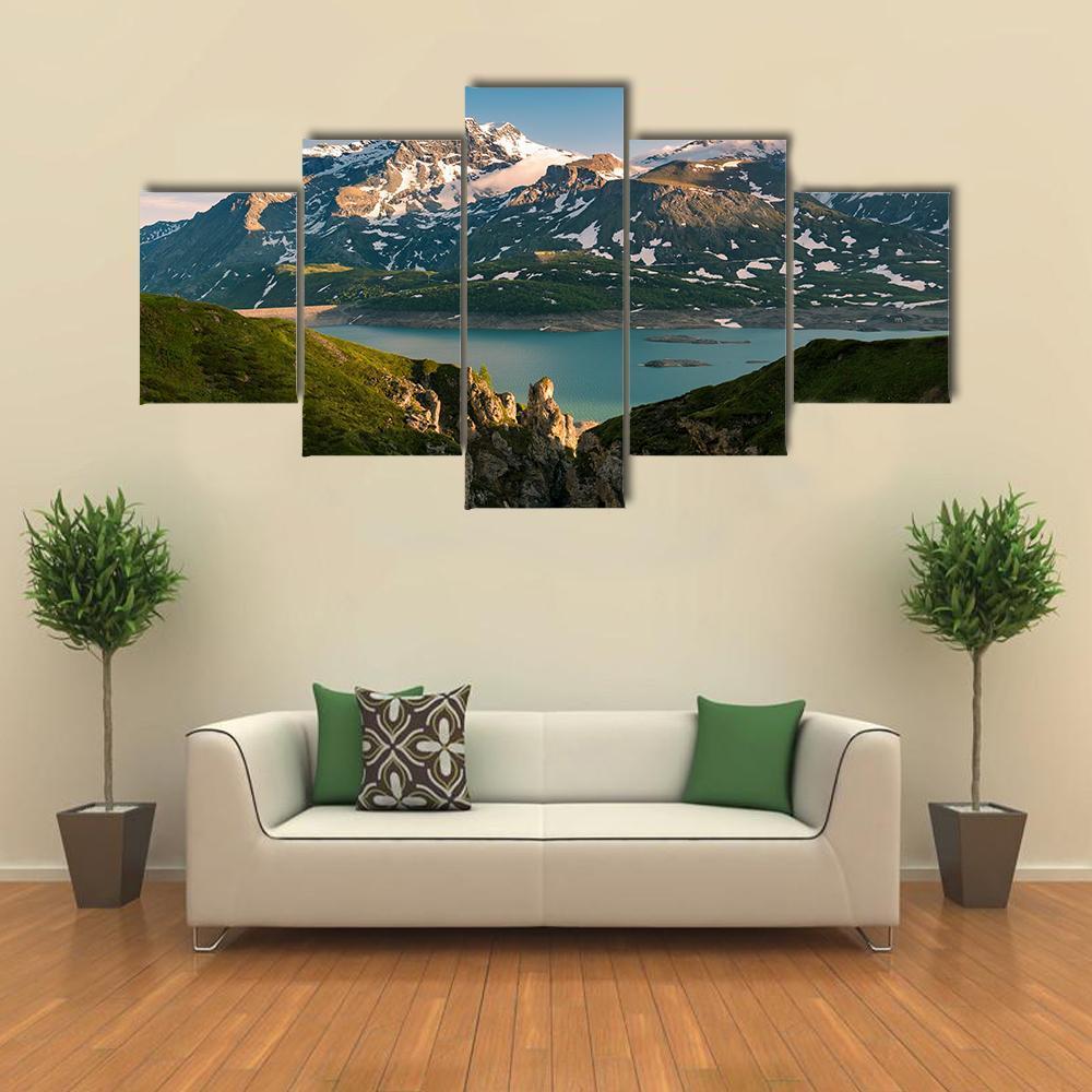 Lake & Snowcapped Mountain Canvas Wall Art-5 Star-Gallery Wrap-62" x 32"-Tiaracle