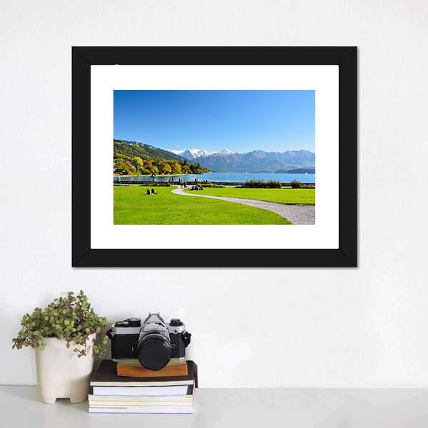 Lake Thun With Jungfrau Mountain Canvas Wall Art-1 Piece-Framed Print-20" x 16"-Tiaracle