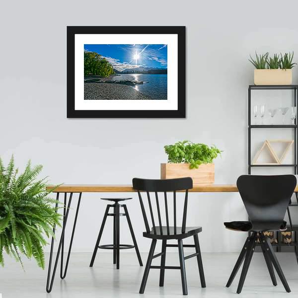 Lake Wakatipu With Sun Canvas Wall Art-3 Horizontal-Gallery Wrap-25" x 16"-Tiaracle