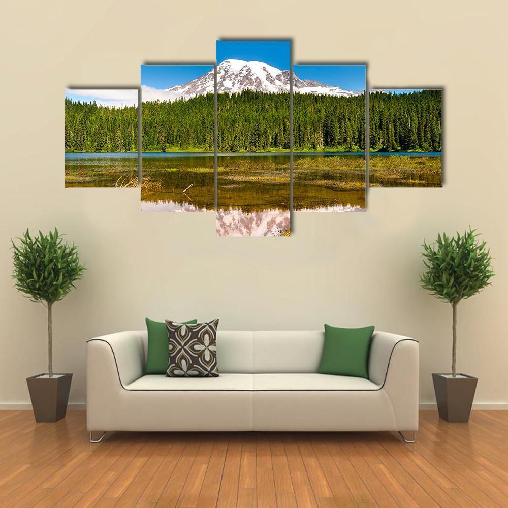 Lake With Forest & Mountain Canvas Wall Art-5 Star-Gallery Wrap-62" x 32"-Tiaracle