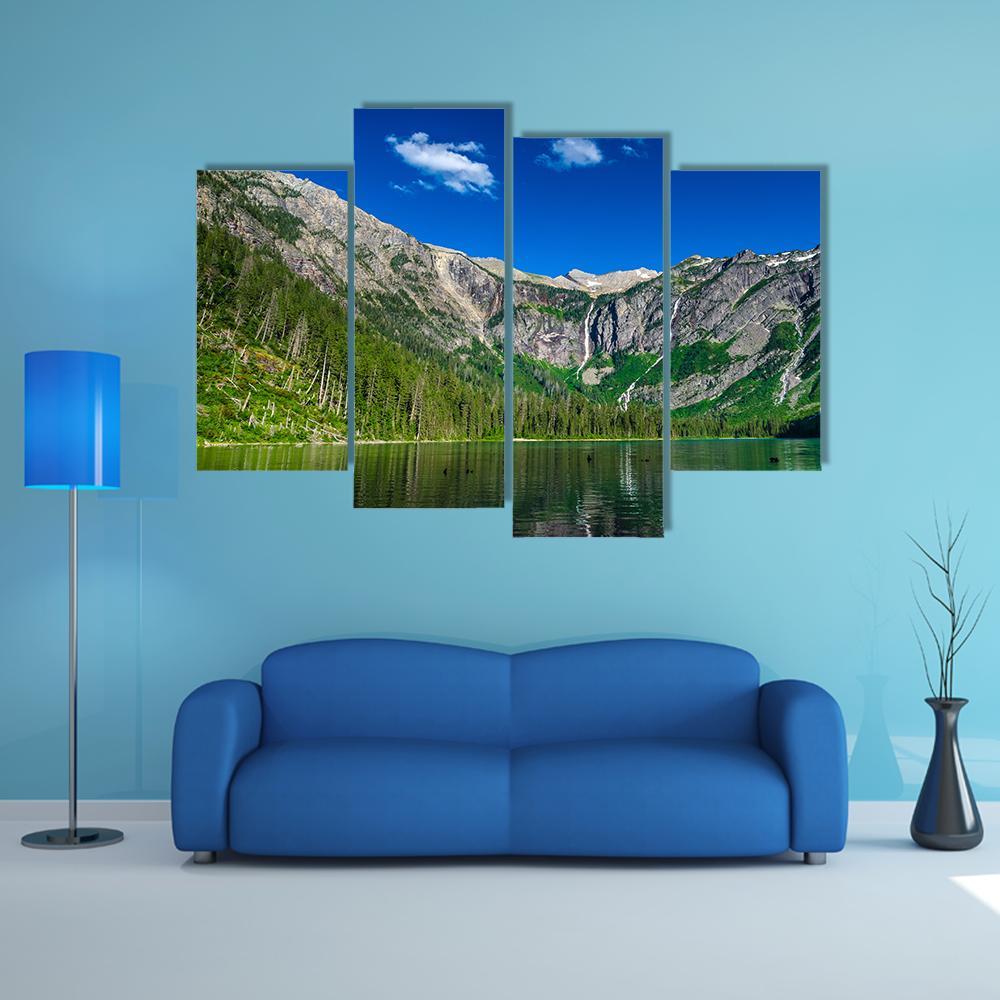 Lake With Forest & Mountains Canvas Wall Art-4 Pop-Gallery Wrap-50" x 32"-Tiaracle