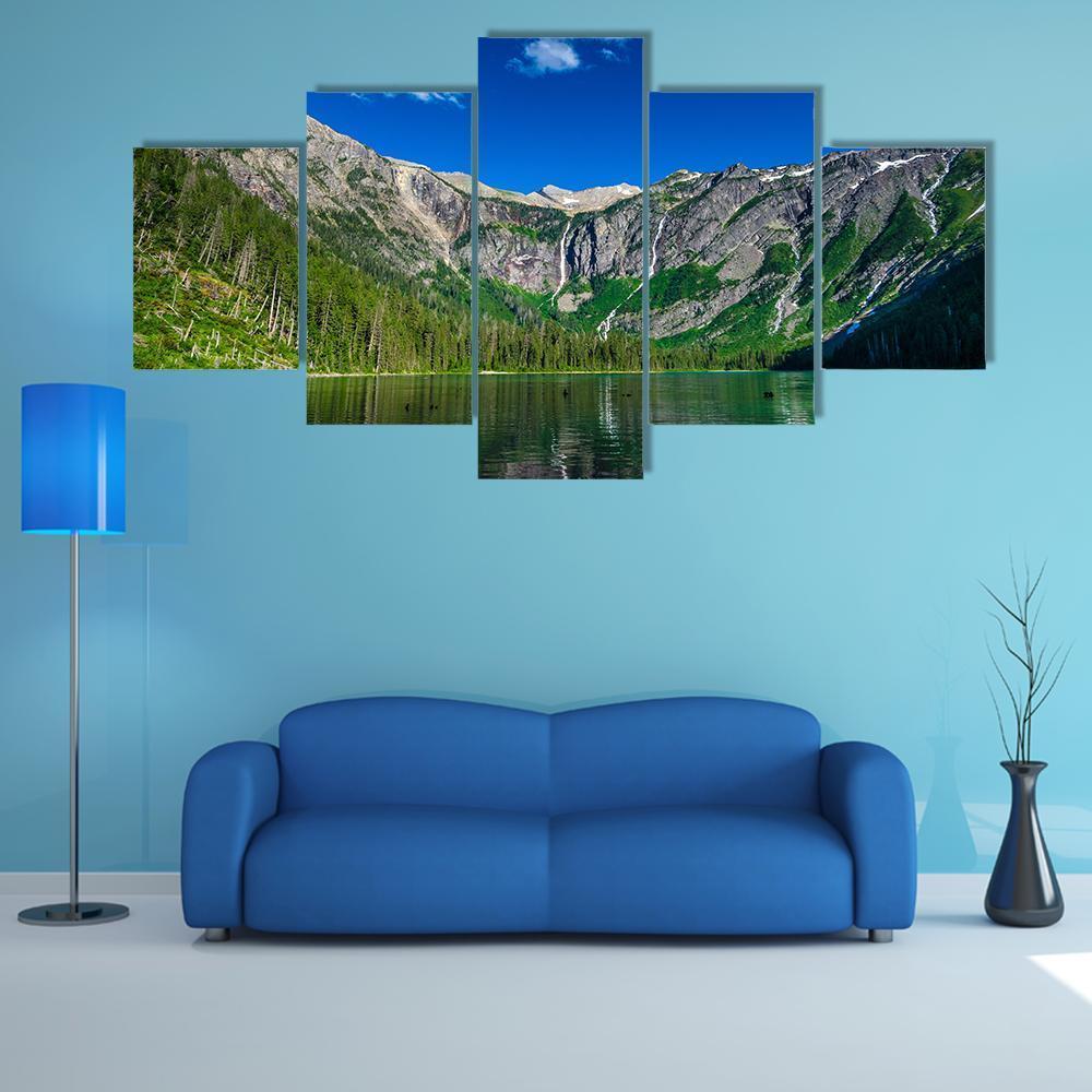 Lake With Forest & Mountains Canvas Wall Art-5 Star-Gallery Wrap-62" x 32"-Tiaracle