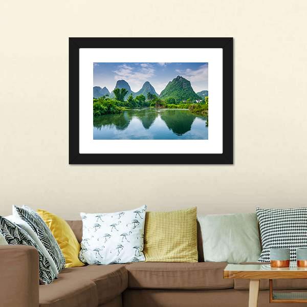 Lake With Karst Mountain Canvas Wall Art-3 Horizontal-Gallery Wrap-25" x 16"-Tiaracle