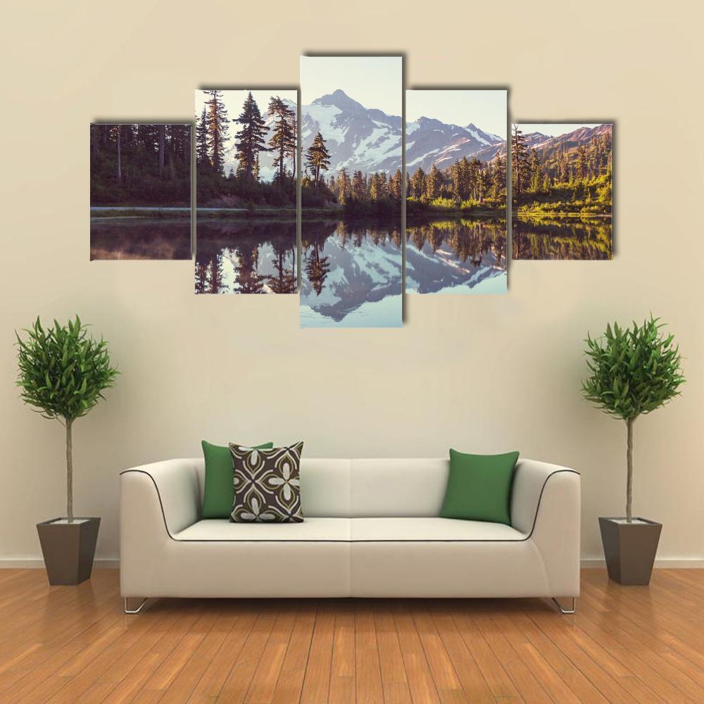 Lake With Mount Shuksan Canvas Wall Art-5 Star-Gallery Wrap-62" x 32"-Tiaracle