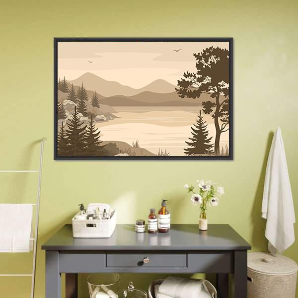 Lake With Mountains & Trees Canvas Wall Art-1 Piece-Floating Frame-24" x 16"-Tiaracle