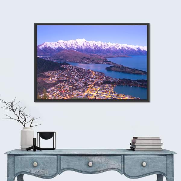 Lake With Queenstown Panoramic Canvas Wall Art-1 Piece-36" x 12"-Tiaracle
