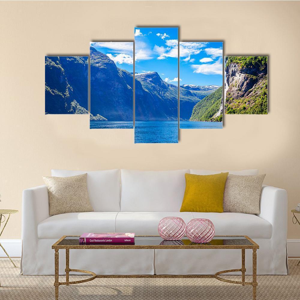 Lake With Seven Sisters Waterfall Canvas Wall Art-5 Star-Gallery Wrap-62" x 32"-Tiaracle