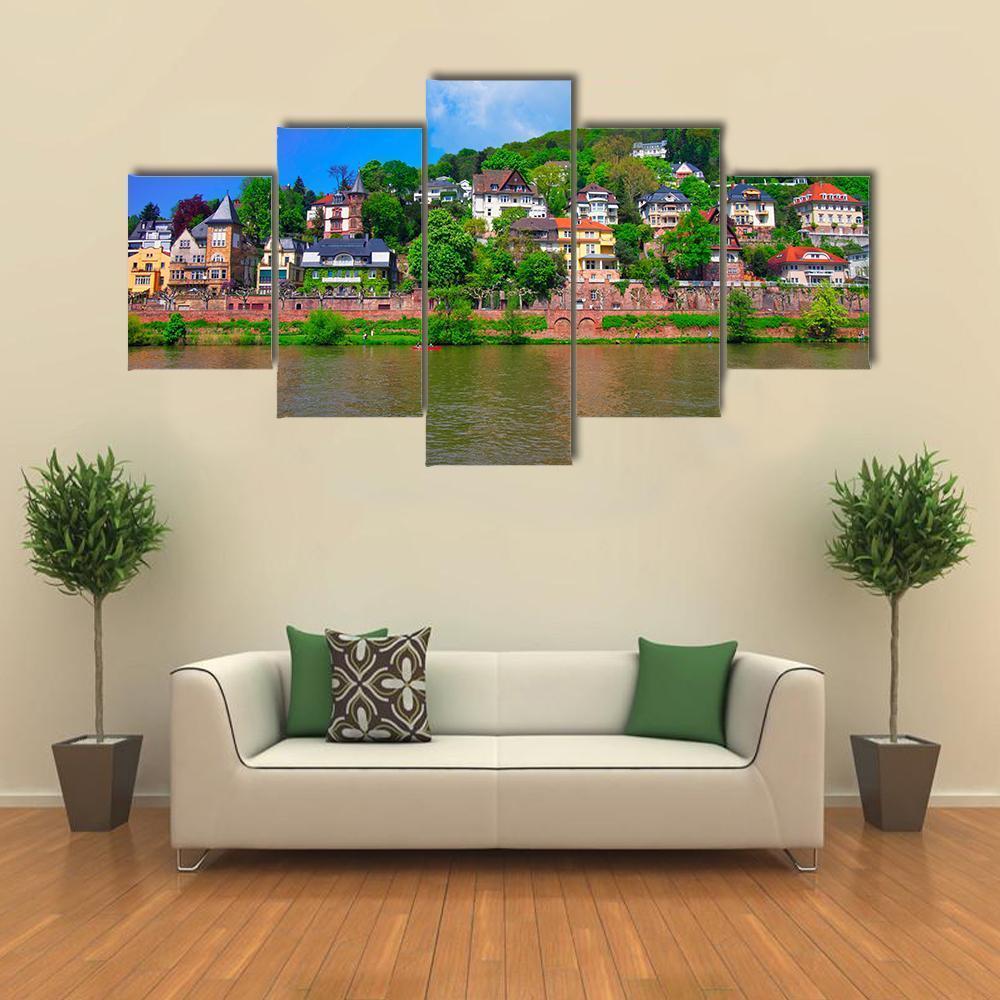 Neckar River & Quay Canvas Wall Art-5 Star-Gallery Wrap-62" x 32"-Tiaracle