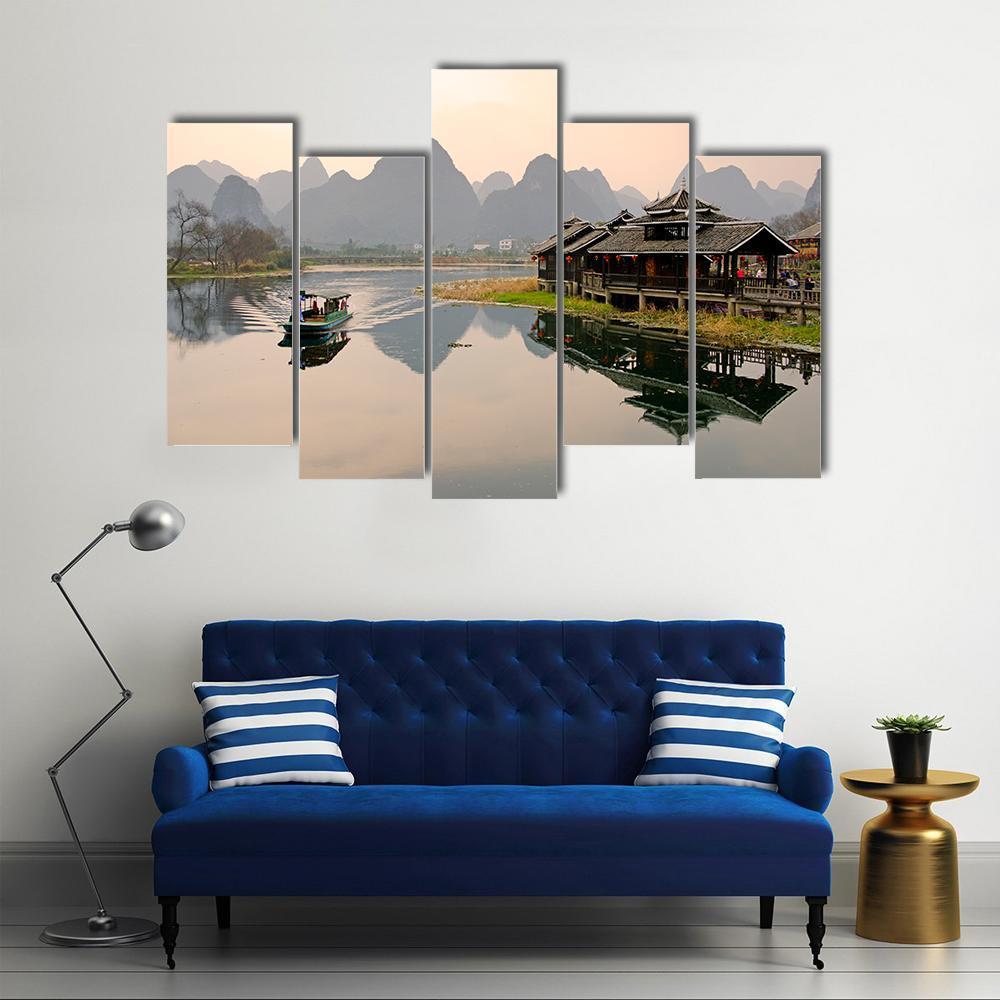 Landscape In Yangshuo Canvas Wall Art-5 Pop-Gallery Wrap-47" x 32"-Tiaracle