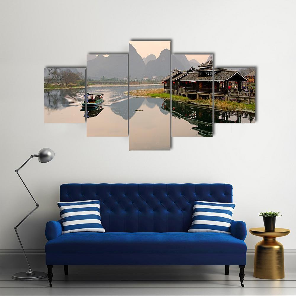 Landscape In Yangshuo Canvas Wall Art-5 Star-Gallery Wrap-62" x 32"-Tiaracle