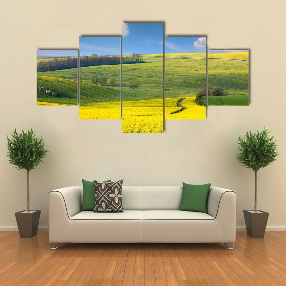 Yellow Flowers On Hill Canvas Wall Art-5 Star-Gallery Wrap-62" x 32"-Tiaracle