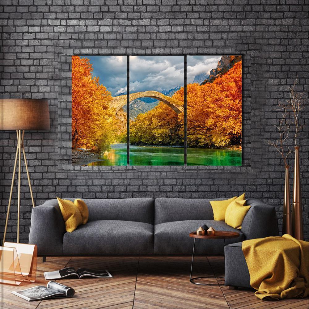 Konitsa Bridge In Autumn Canvas Wall Art-3 Horizontal-Gallery Wrap-37" x 24"-Tiaracle