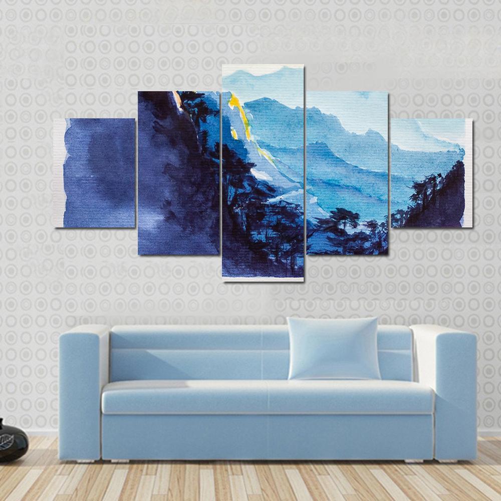 Mountains & Forest Watercolor Canvas Wall Art-5 Star-Gallery Wrap-62" x 32"-Tiaracle