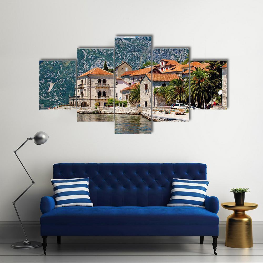 Perast Town In Montenegro Canvas Wall Art-5 Star-Gallery Wrap-62" x 32"-Tiaracle