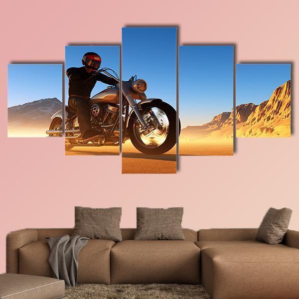 Motorcyclist In Desert Canvas Wall Art-5 Star-Gallery Wrap-62" x 32"-Tiaracle