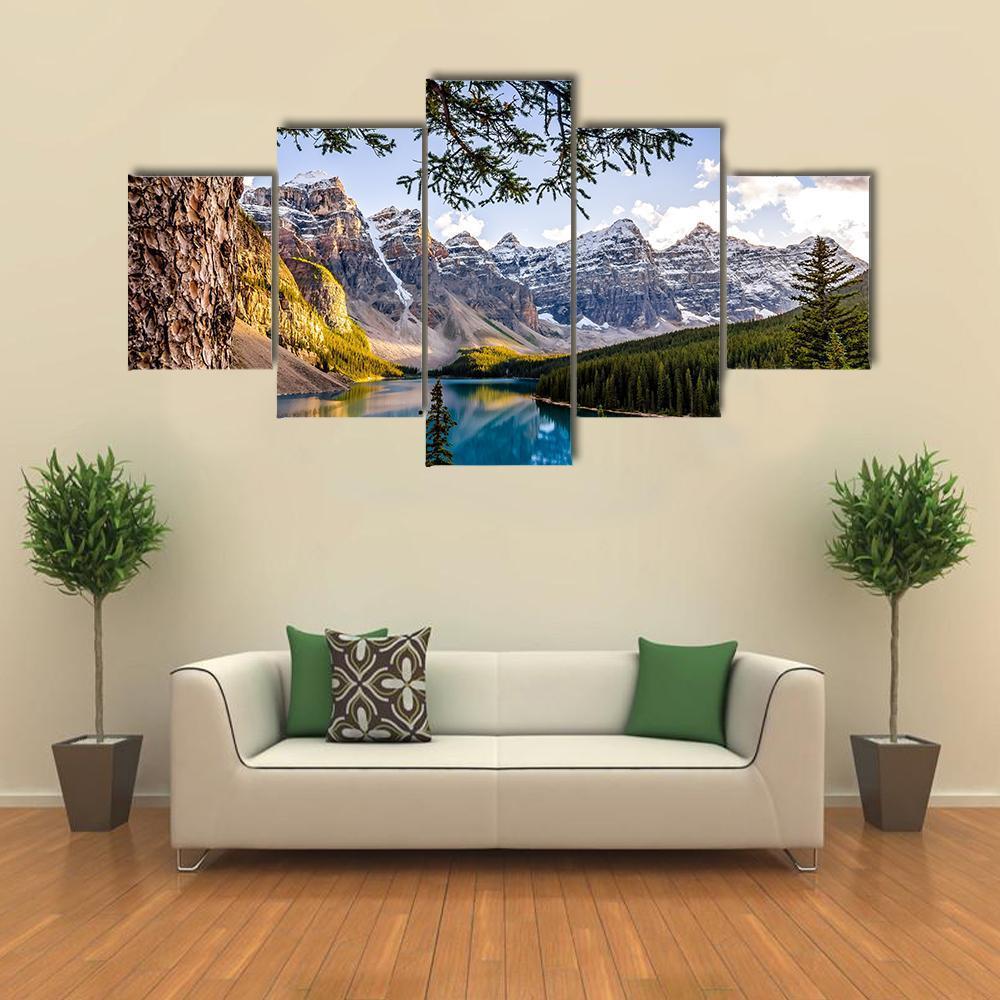 Moraine Lake & Mountains Canvas Wall Art-5 Star-Gallery Wrap-62" x 32"-Tiaracle