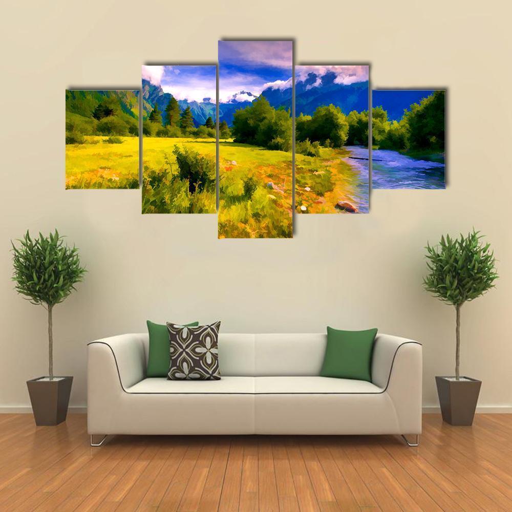 Blue River Watercolor Canvas Wall Art-5 Star-Gallery Wrap-62" x 32"-Tiaracle