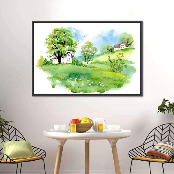 Landscape With Houses Watercolor Canvas Wall Art-5 Horizontal-Gallery Wrap-22" x 12"-Tiaracle