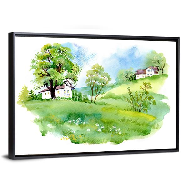 Landscape With Houses Watercolor Canvas Wall Art-5 Horizontal-Gallery Wrap-22" x 12"-Tiaracle