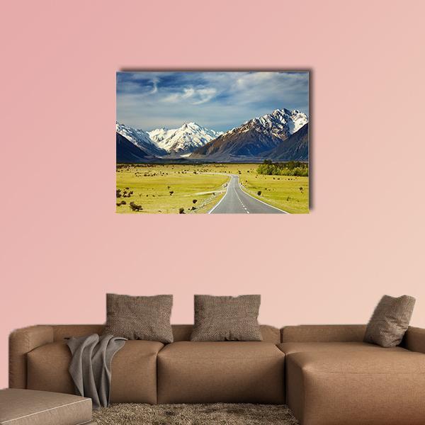 Road To Snowy Mountains Canvas Wall Art-1 Piece-Gallery Wrap-48" x 32"-Tiaracle