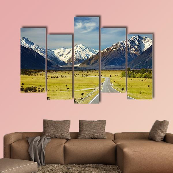 Road To Snowy Mountains Canvas Wall Art-5 Pop-Gallery Wrap-47" x 32"-Tiaracle