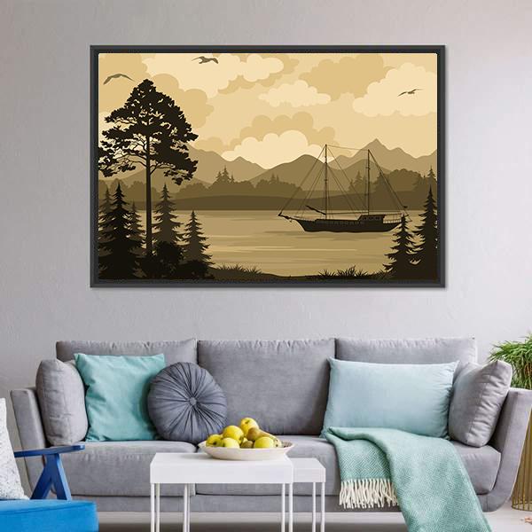 Landscape With Ship Sailboat On Mountain Lake Canvas Wall Art-3 Horizontal-Gallery Wrap-25" x 16"-Tiaracle