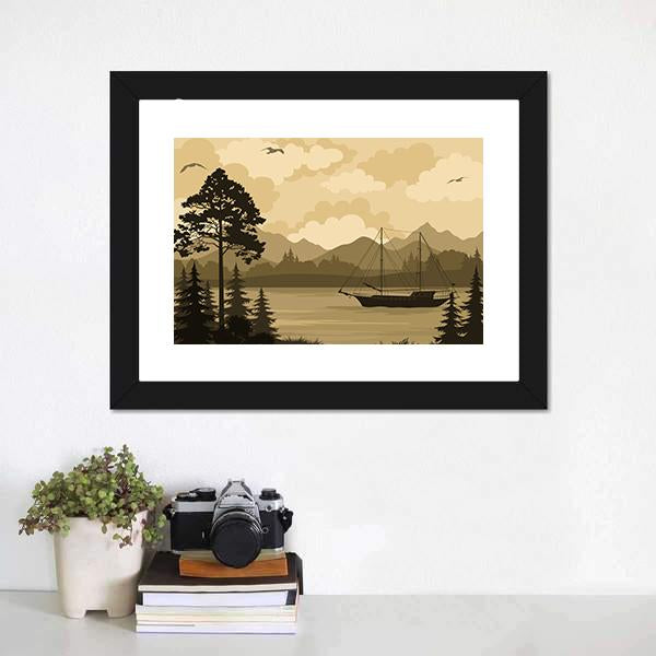 Landscape With Ship Sailboat On Mountain Lake Canvas Wall Art-1 Piece-Framed Print-20" x 16"-Tiaracle
