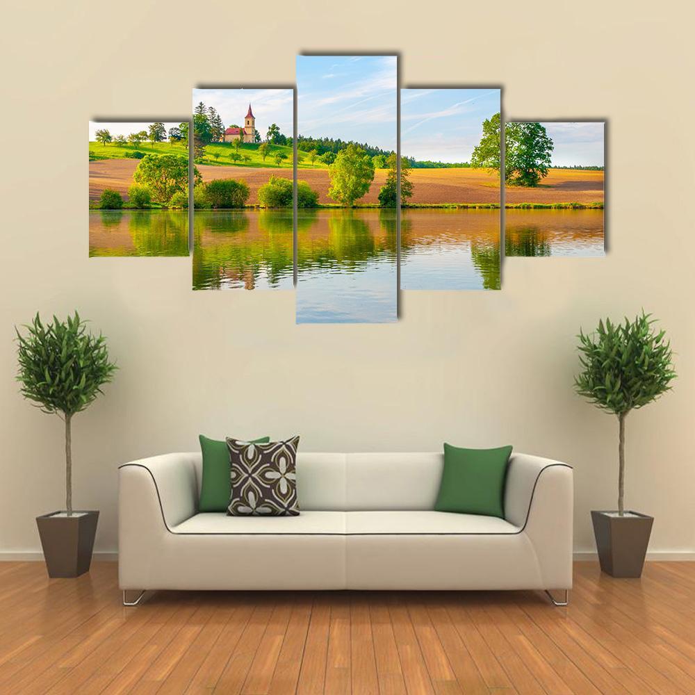 Small Church With Lake Canvas Wall Art-5 Star-Gallery Wrap-62" x 32"-Tiaracle