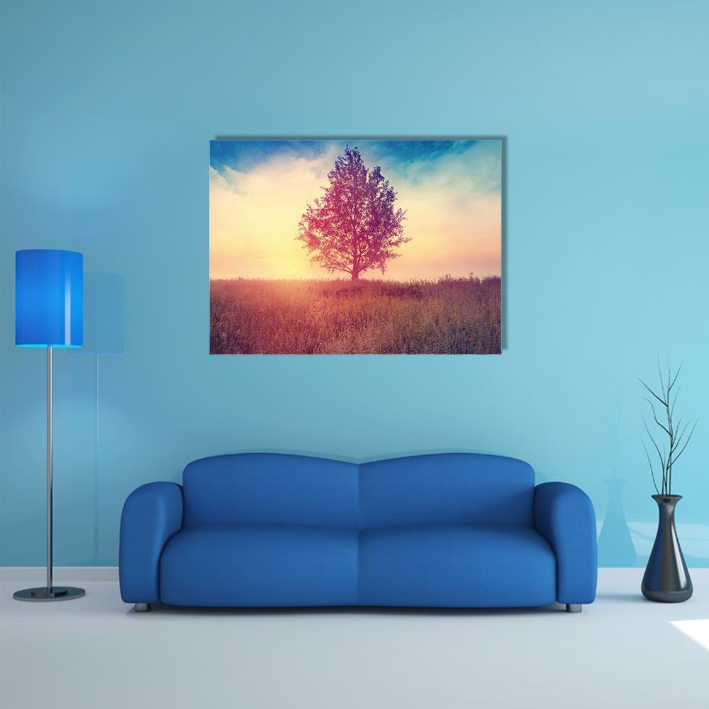 Alone Tree Over Sunrise Canvas Wall Art-1 Piece-Gallery Wrap-48" x 32"-Tiaracle