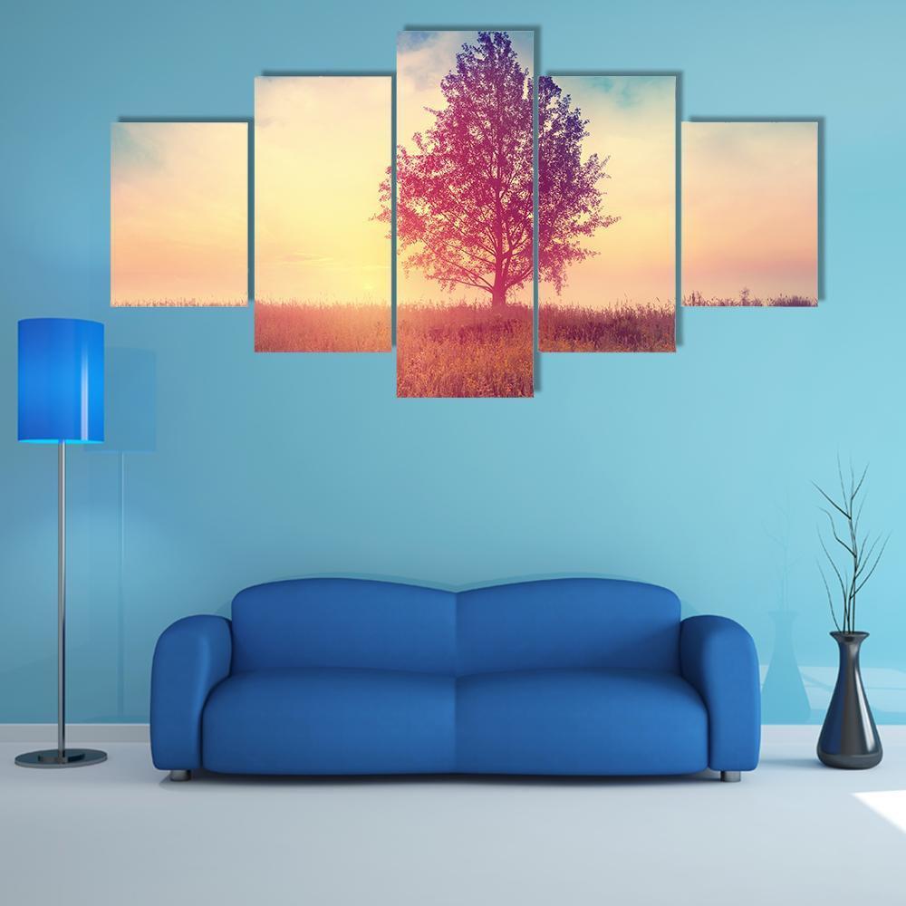 Alone Tree Over Sunrise Canvas Wall Art-1 Piece-Gallery Wrap-48" x 32"-Tiaracle