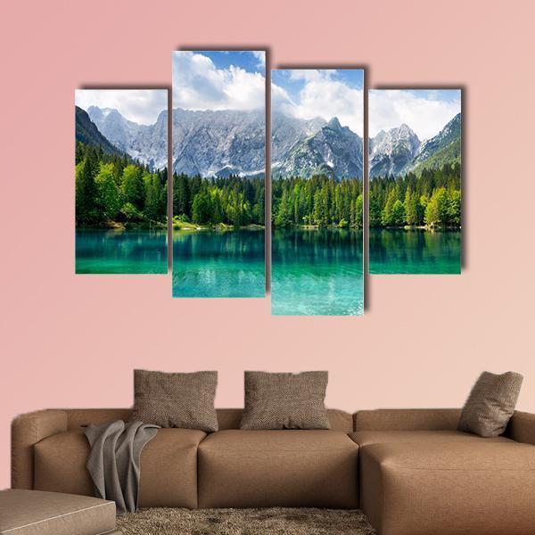 Turquoise Lake In Forest Canvas Wall Art-4 Pop-Gallery Wrap-50" x 32"-Tiaracle