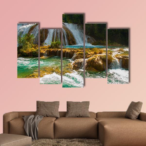 Waterfall Of Agua Azul Canvas Wall Art-5 Pop-Gallery Wrap-47" x 32"-Tiaracle